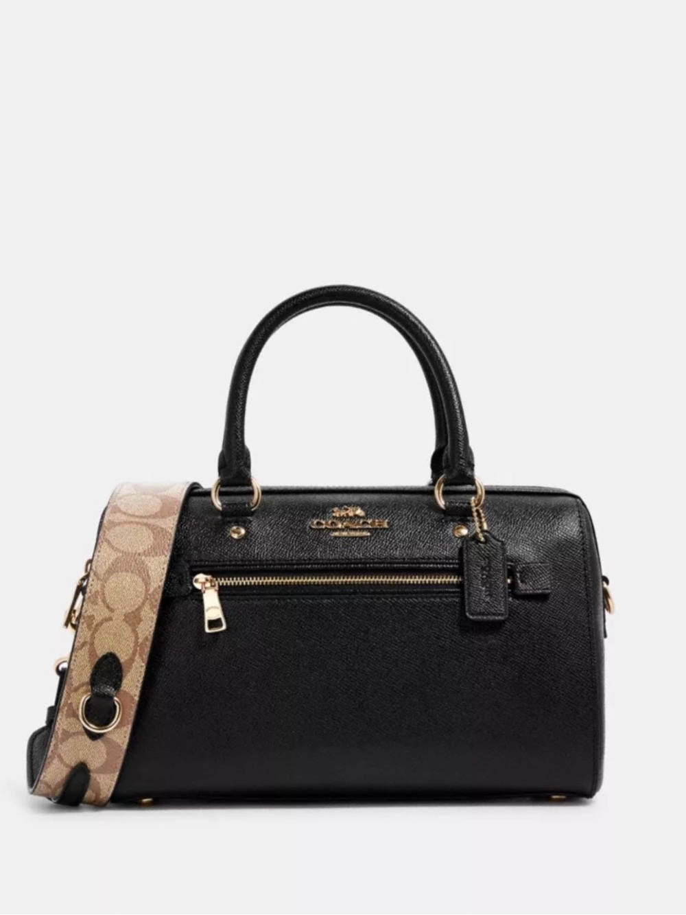 Coach Black Leather Satchel with Signature Tan Canvas Strap